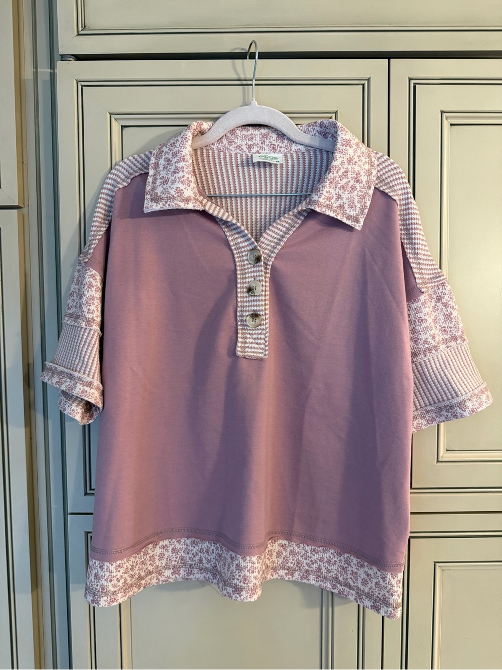 New Very J By NEWIN Patchwork Colorblock Collared Button V Neck Top Shirt Boho S